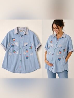 Vintage Maternity ABC Block Embroidered Button Up Shirt Baby Shower Cottagecore